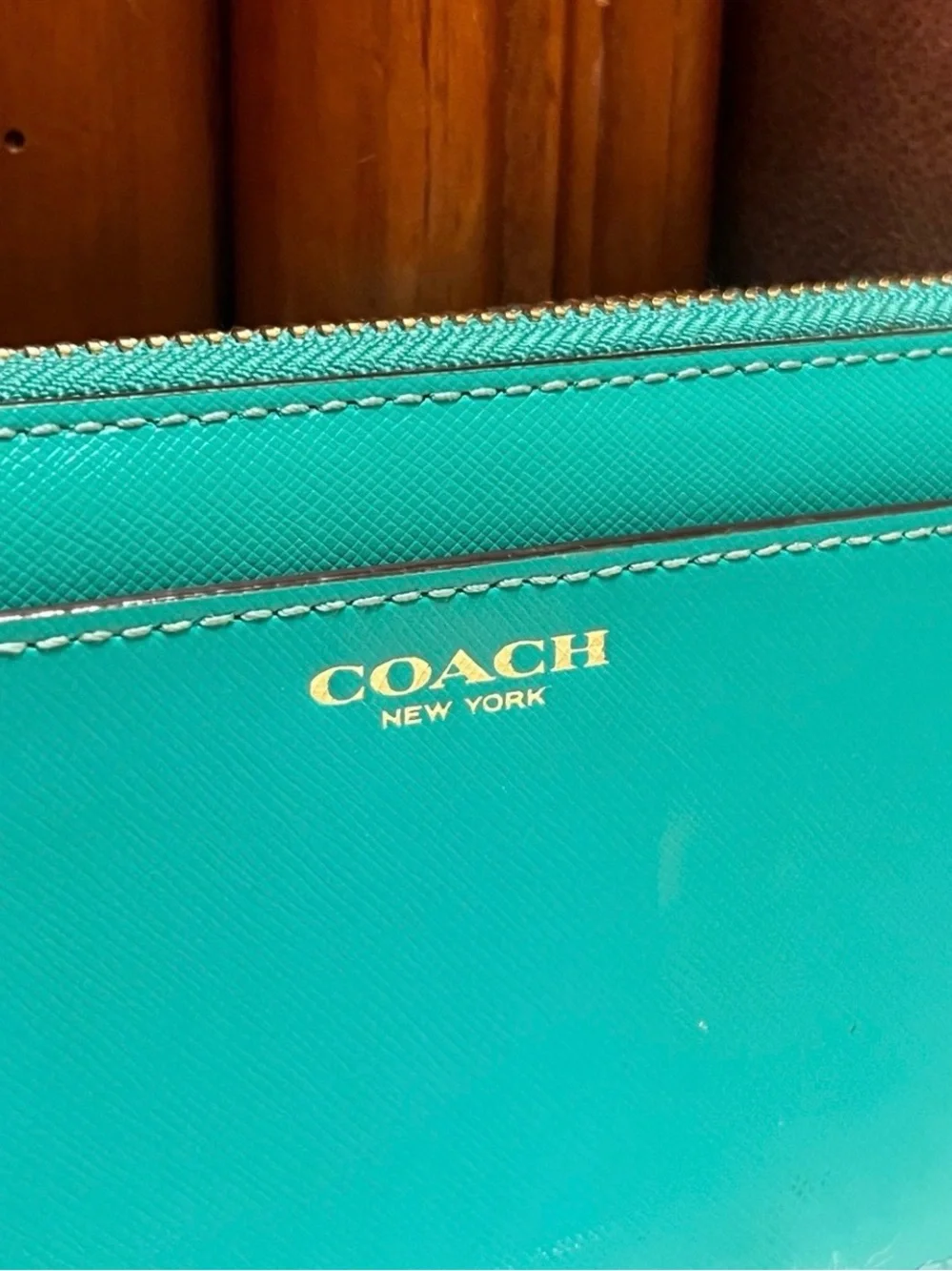 COACH Teal Zip-Around Leather Wallet with Gold Logo